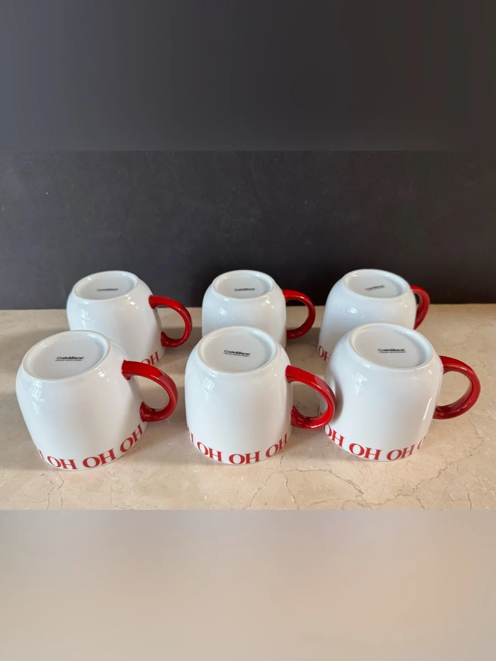 (Set/6) Crate & Barrel Ceramic HO HO HO White Holiday Mugs w/Red Handles